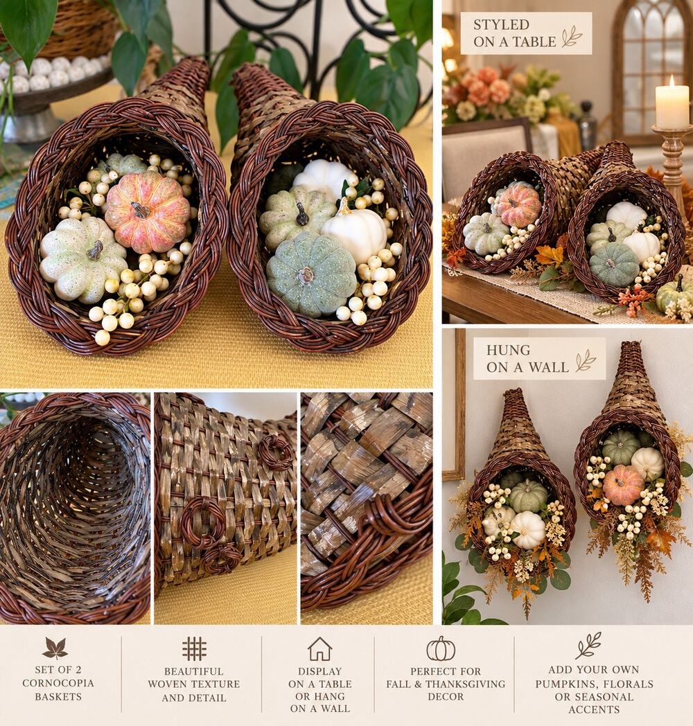 Vintage Woven Cornucopia Baskets Set of 2 Fall Thanksgiving Decor